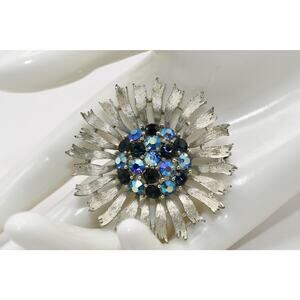 Vintage Lisner Blue AB Rhinestone Flower Brooch Rhodium Silver Tone 2 Inch